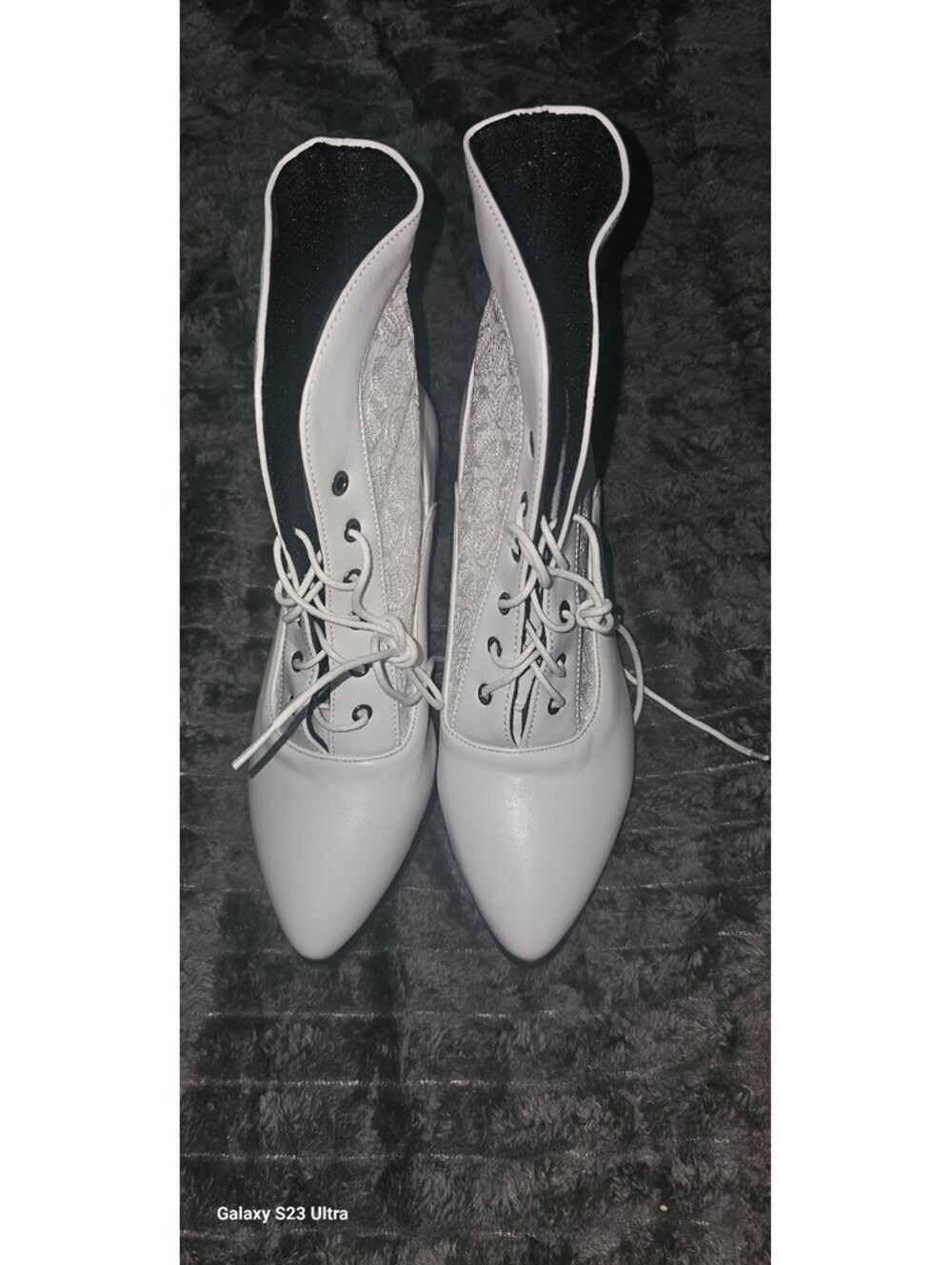 White Lace and Faux Leather Lace-Up Ankle Boots with Pointed Toe and Kitten Heel